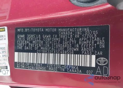 2005 Toyota Corolla Le from USA, damaged, VIN 2T1BR32EX5C488556